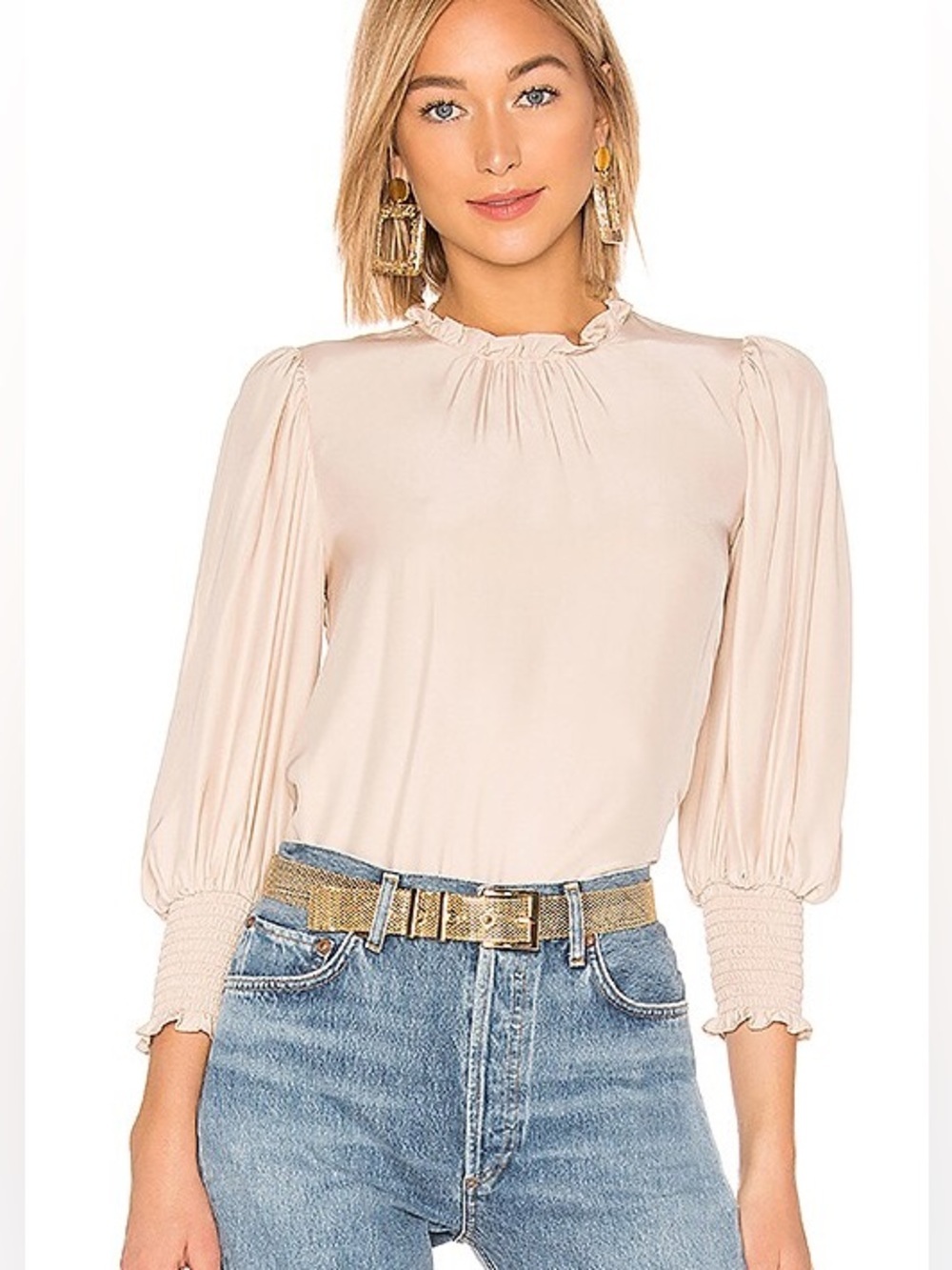 Amanda Uprichard 100%Silk Blouse Medium Champagne Ruffle Neck Smocked Cuff Top